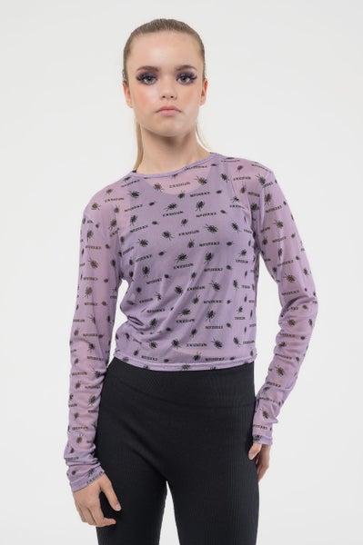 Beetlejuice Mesh Top Beetle Print Cropped Christmas Girls Womens Purple Carousel 5