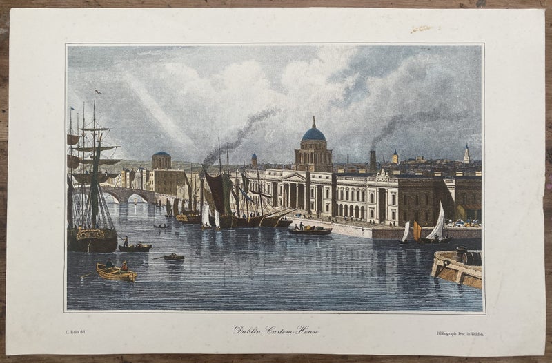 OLD PRINT: Dublin, Custom House by C. Reiss 1850 Carousel 1