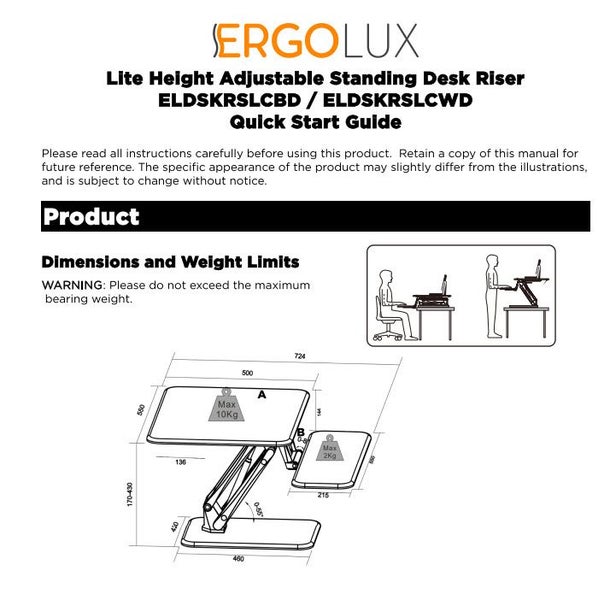 Ergolux Lite Height Adjustable Sit Stand Desk Riser (Compact) Carousel 1