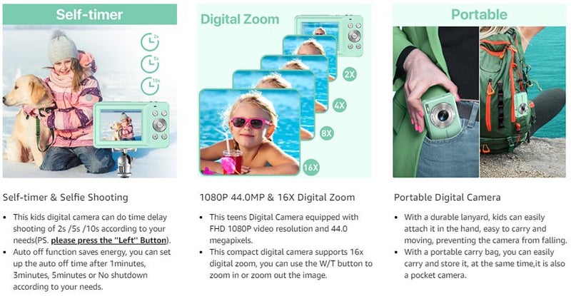 Digital Camera,FHD 1080P Digital Camera for Kids Video Camera with 16X Digital Z Carousel 2