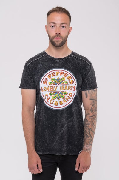 The Beatles T Shirt Sgt Pepper Drum Band Logo new Official Mens Black Snow Wash Carousel 5