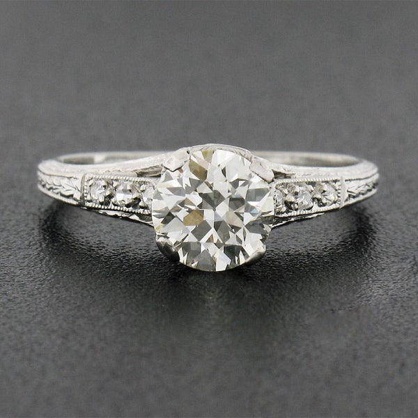 Antique Edwardian Platinum 1.02ctw Old European Diamond Engraved Engagement Ring Carousel 1