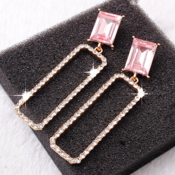 $1 reserve Gorgeous rectangle pink design earrings with artificial crystal Carousel 1