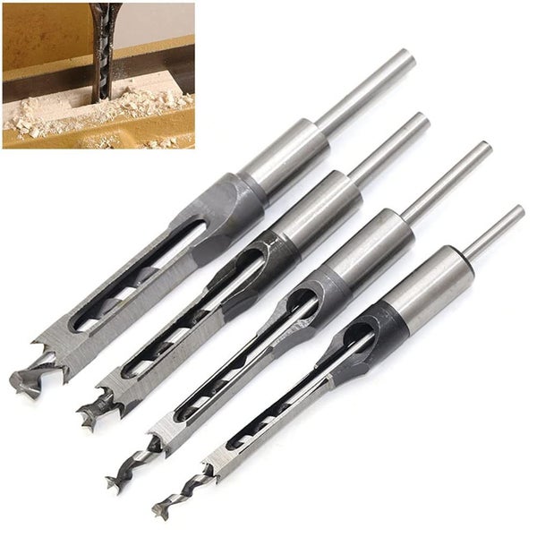 4PCS 1/2"-1/4" Wood Square Hole Mortising Chisel Drill Press Hole Saw Bits Set Carousel 1