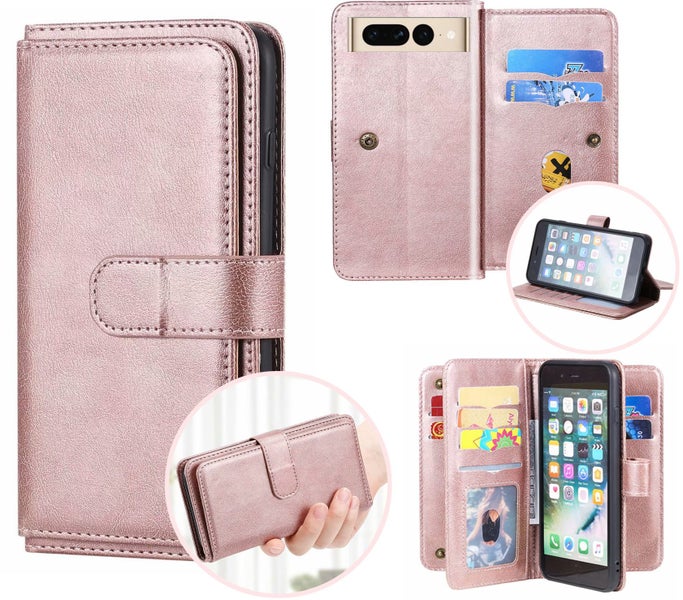 Google pixel 9 case PU leather retro style 10 card triple wallet rose gold Carousel 1