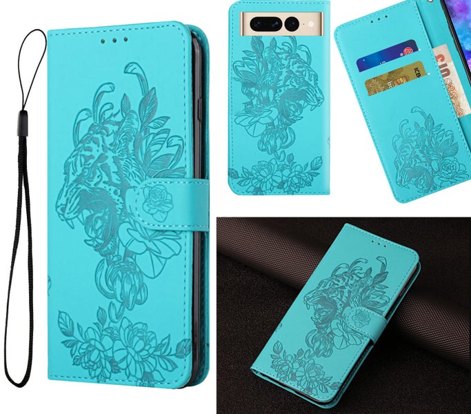 Google pixel 7 pro embossed PU leather wallet case floral & tiger turquoise Carousel 1