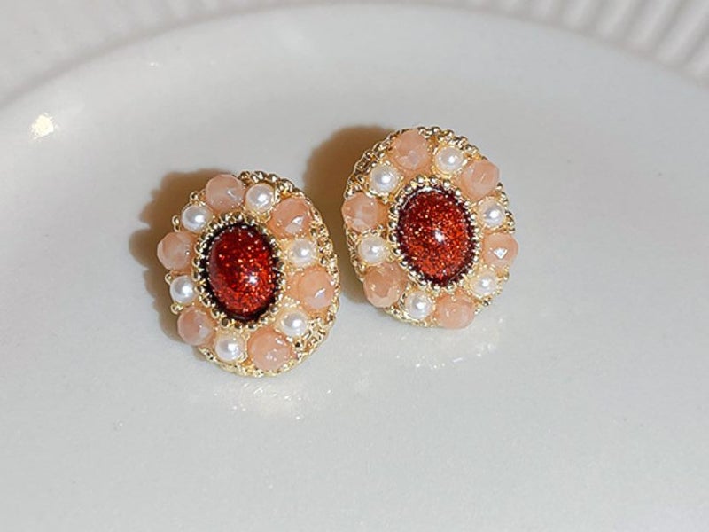 Studs Earrings Red Oval Design Pearls Yellow Gold Plated Studs Carousel 1