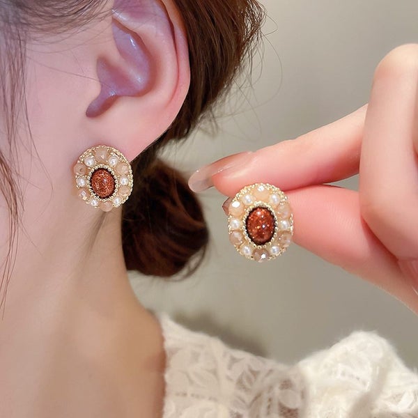 Studs Earrings Red Oval Design Pearls Yellow Gold Plated Studs Carousel 2