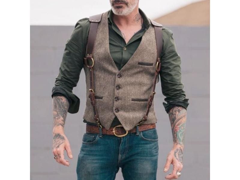 Men's Suit Vest Herringbone V Neck Business Formal Dress Waistcoat For Carousel 2