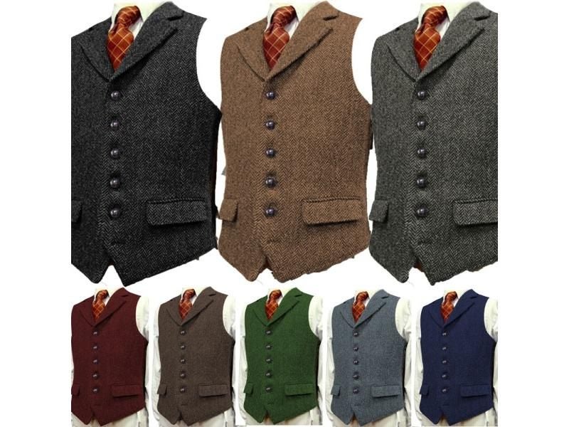 Men's Wool Tweed Slim Fit Burgundy Vest For Wedding Groom Carousel 2