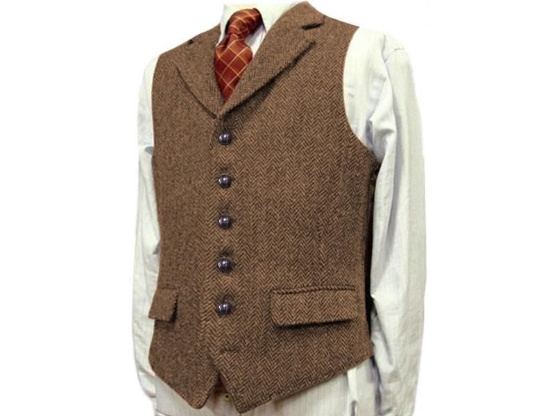 Men's Wool Tweed Slim Fit Burgundy Vest For Wedding Groom Carousel 1