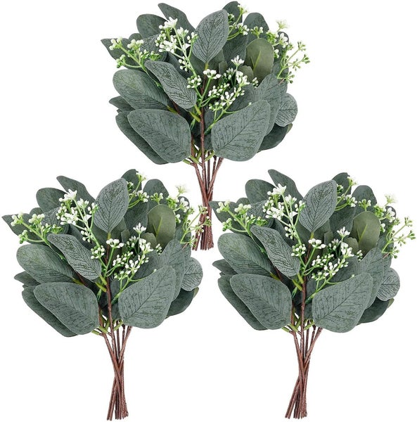 20pcs Artificial Eucalyptus Leaves Stems With White Seeds Short Silver Dollar Fa Carousel 1