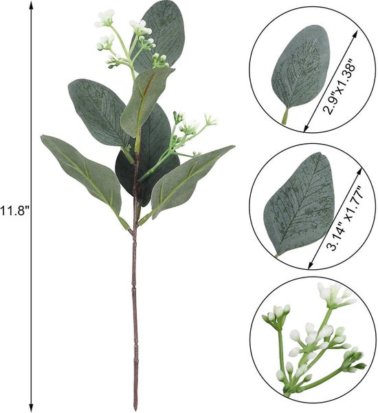 20pcs Artificial Eucalyptus Leaves Stems With White Seeds Short Silver Dollar Fa Carousel 2