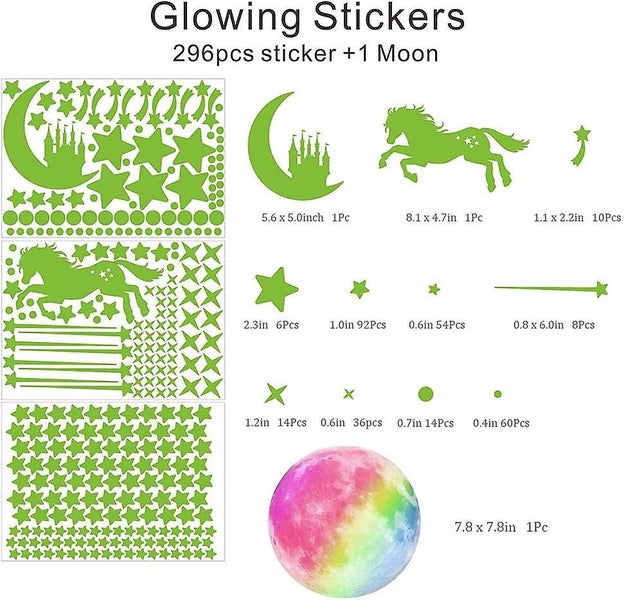 296pcs Glow In The Dark Stars Stickers And 1pc Glowing Colorful Moon, Luminous63617155867907114