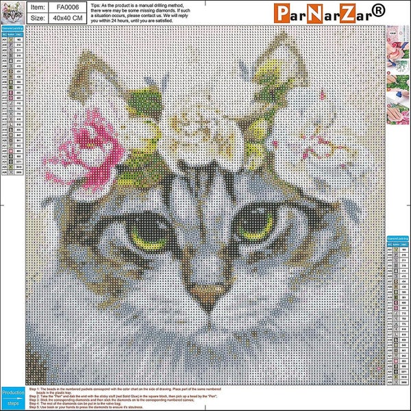Diamond Painting Complete Square Kit, Beautiful Cat 40 X 40 Cm, Diamond Painting Carousel 5