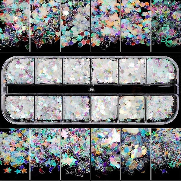 12 Boxes Holographic Nail Sequins, Ultra-thin Colorful Glitter Sticker For Nail Carousel 1