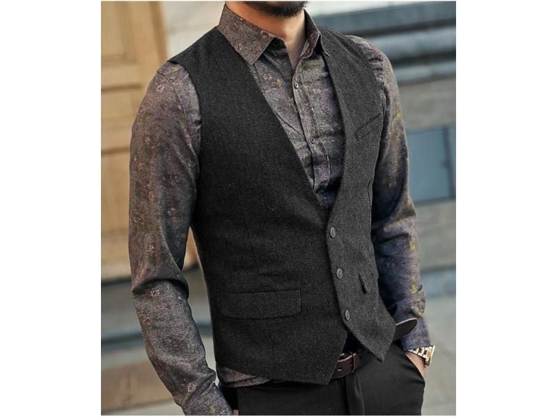Men's Suit Vest Black Grey Wool Tweed Waistcoat Jacket Slim Fit Like Beckham Carousel 1
