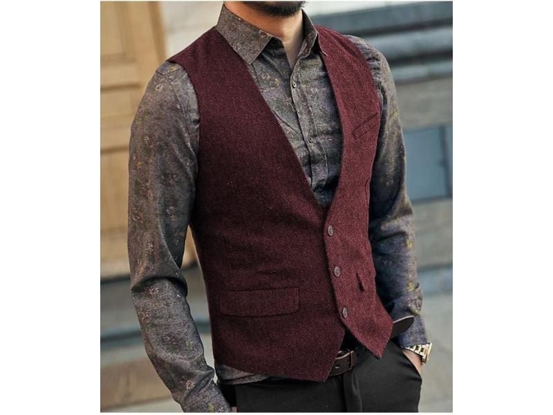 Men's Suit Vest Black Grey Wool Tweed Waistcoat Jacket Slim Fit Like Beckham Carousel 2