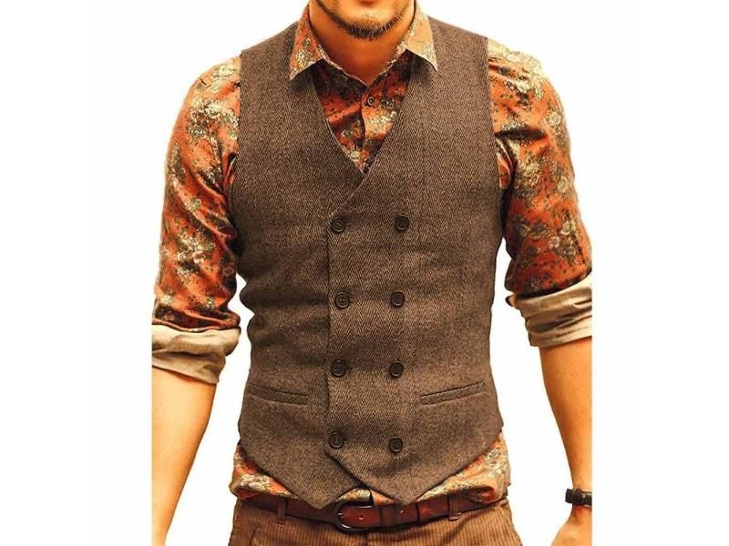 Men's Vest Suit Tweed Waistcoat Brown Black Groomman Wedding Jacket Victorian Carousel 2