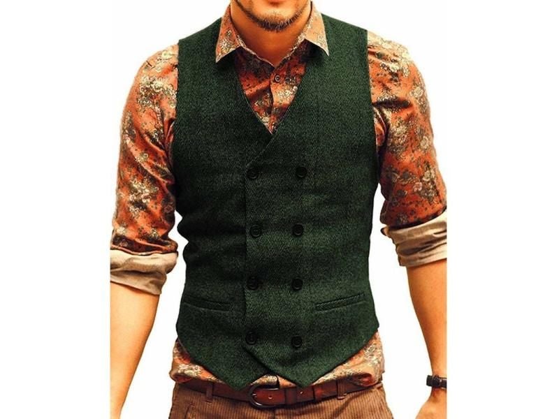 Men's Vest Suit Tweed Waistcoat Brown Black Groomman Wedding Jacket Victorian Carousel 1