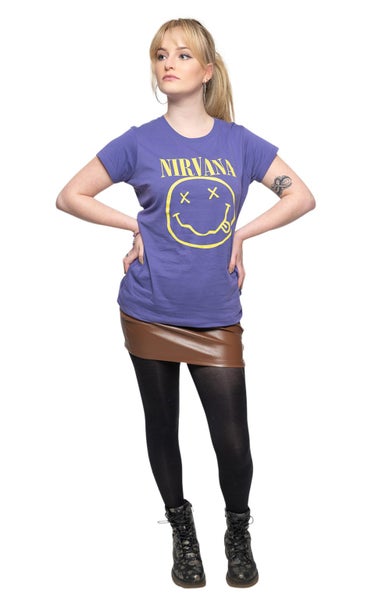 Nirvana T Shirt Yellow Smile Band Logo new Official Womens Skinny Fit Purple Carousel 2