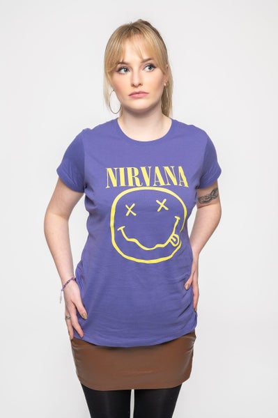 Nirvana T Shirt Yellow Smile Band Logo new Official Womens Skinny Fit Purple Carousel 5