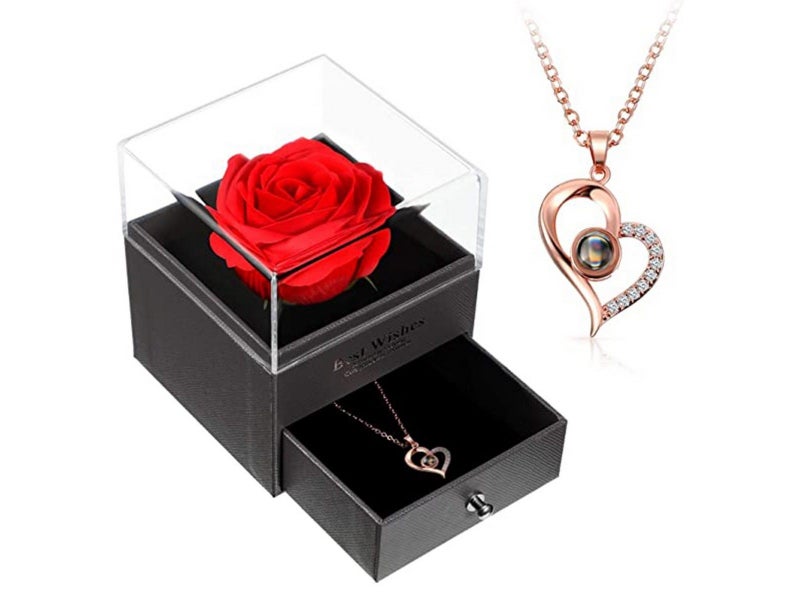 I Love You Rose Gold Necklace and Storage Box Set with 100 Languages Projection Carousel 1