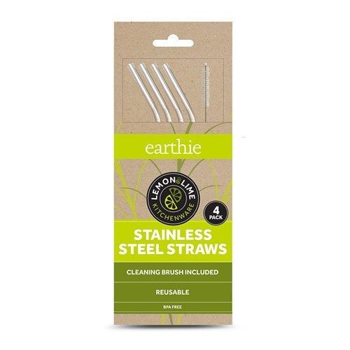 Lemon & Lime Stainless Steel Reusable Drinking Straws With Brush Set - Silver Carousel 1