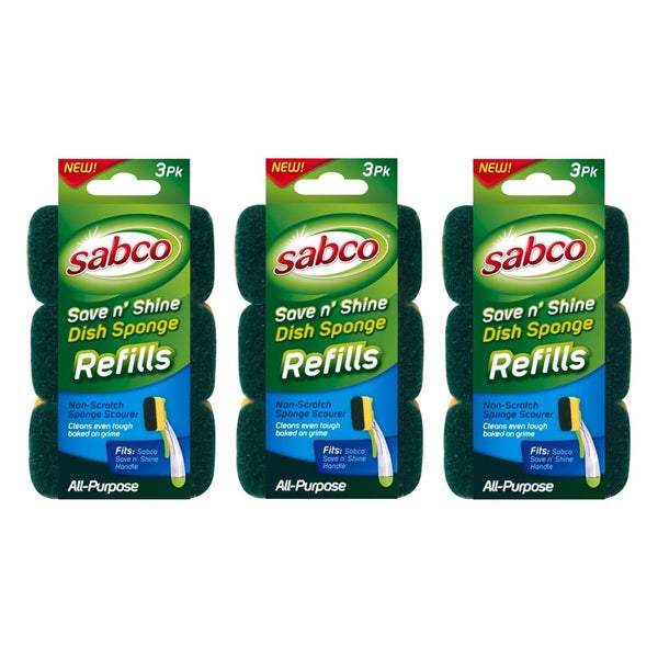 3 x Sabco Save N' Shine Dish Sponge Head Refill 3 Pack Carousel 1