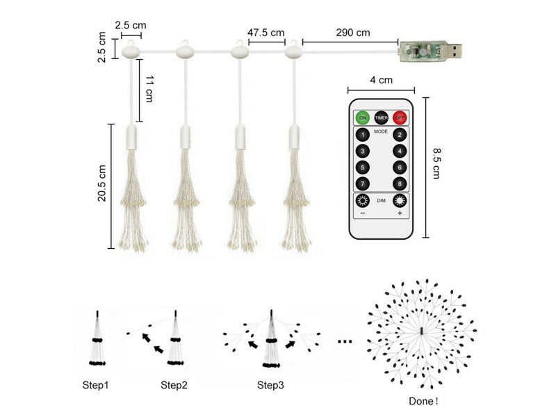 Set of 4 Firework String Lights Starburst Light with Remote Control White Carousel 6