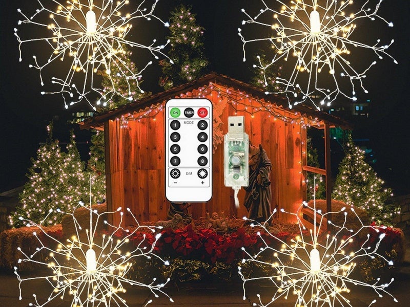 Set of 4 Firework String Lights Starburst Light with Remote Control White Carousel 1