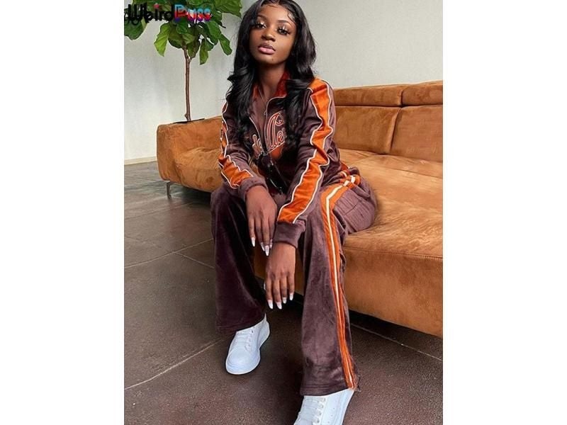 OrangeA Women Tracksuit Letter Print Velvet 2 Piece Outfit Sweatshirt Straight Carousel 2