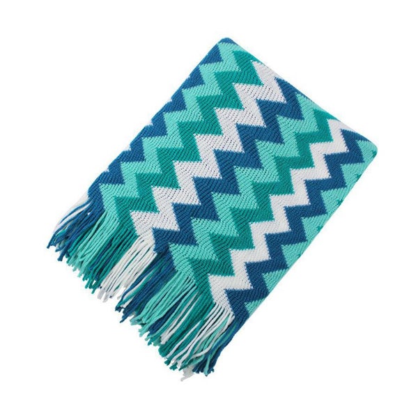 SOGA 220cm Blue Zigzag Striped Throw Blanket Acrylic Wave Knitted Fringed Wov... Carousel 9