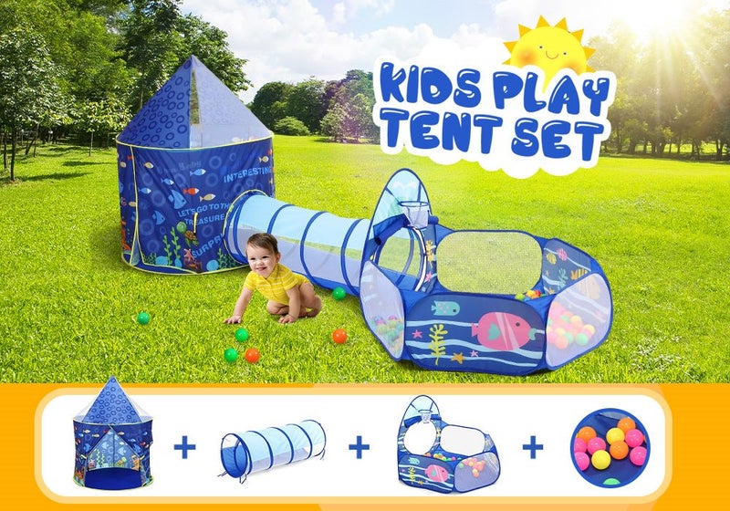 Kids Play Tent House Baby Crawl Tunnel Ball Pit with Basketball Hoop 3-In-1 Carousel 1