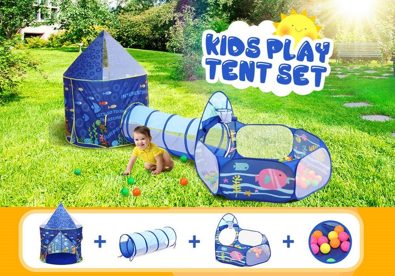 Kids Play Tent House Baby Crawl Tunnel Ball Pit with Basketball Hoop 3-In-1 Carousel 2