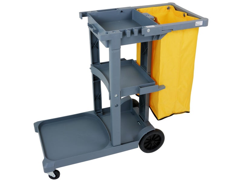 Janitor Trolley Service Cart 3x1/2 Shelf, Bucket Tray, Bag | Commercial Cleaning Carousel 1