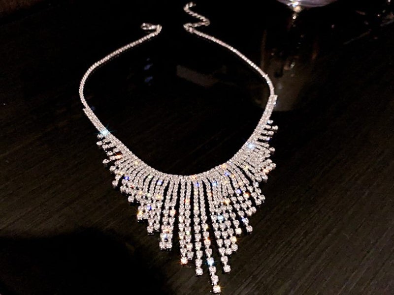 Necklace Geometric CZ Long Tassels Necklace White Gold Plated Carousel 1