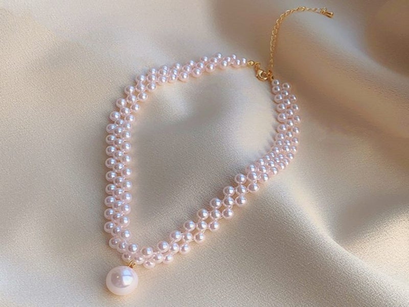 Necklace White Round Pearls Three-layered CZ Necklace Carousel 1