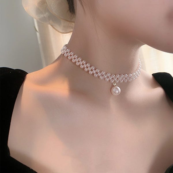 Necklace White Round Pearls Three-layered CZ Necklace Carousel 3