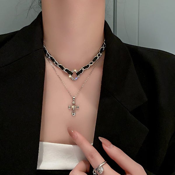 Necklace Cross Leatherwear CZ Necklace White Gold Plated Double-layered Necklace Carousel 2