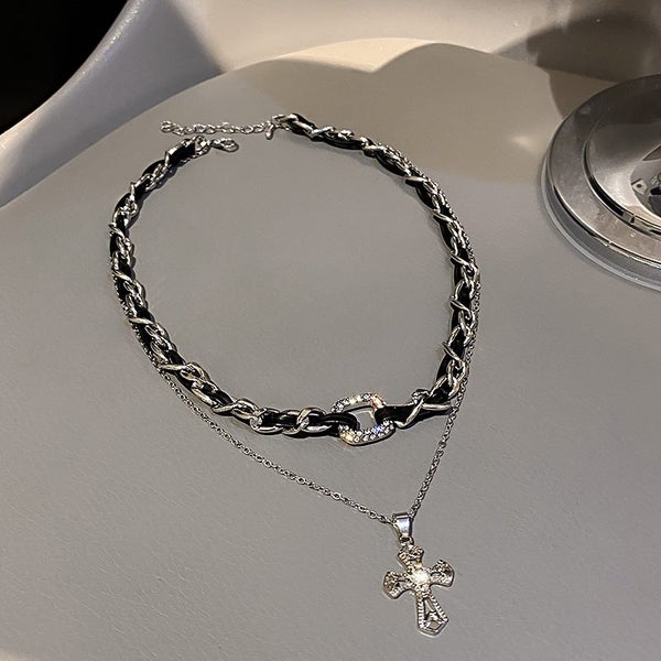 Necklace Cross Leatherwear CZ Necklace White Gold Plated Double-layered Necklace Carousel 4