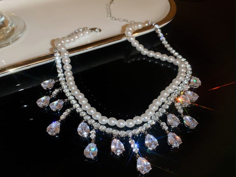 Necklace Pearls Water Drop Double-layered CZ Necklace Carousel 1