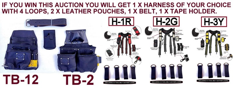 TOOL BELT WITH 2 X HEAVY DUTY LEATHER BLACK POUCHES & PADDED SUSPENDERS/HARNESS. Carousel 1