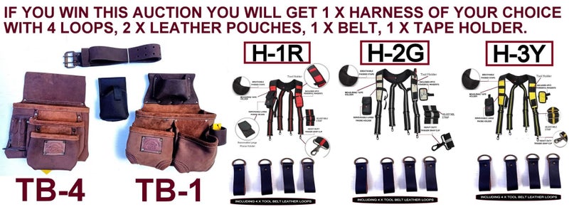 TOOL BELT WITH 2 X HEAVY DUTY LEATHER BROWN POUCHES & PADDED SUSPENDERS/HARNESS. Carousel 1