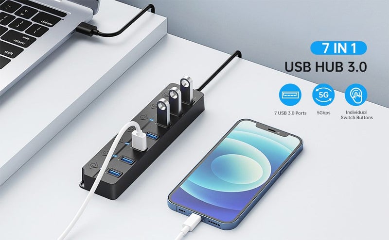 USB Hub 3.0,7-Port USB Hub Splitter with Individual On/Off Switches and Lights,3 Carousel 2