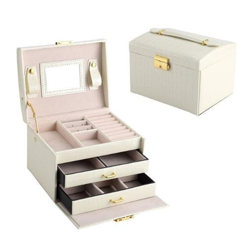 DELUXE PU LEATHER JEWELLERY BOX - WHITE Multi Layer Carousel 1