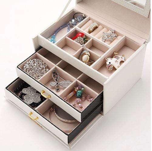 DELUXE PU LEATHER JEWELLERY BOX - WHITE Multi Layer Carousel 4