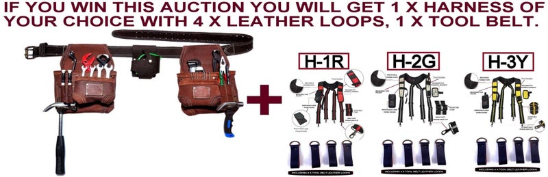 TOOL BELT-LEATHER DOUBLE POUCH TOOL BELT SLIDABLE ON BELT + SUSPENDER/HARNESS Carousel 1
