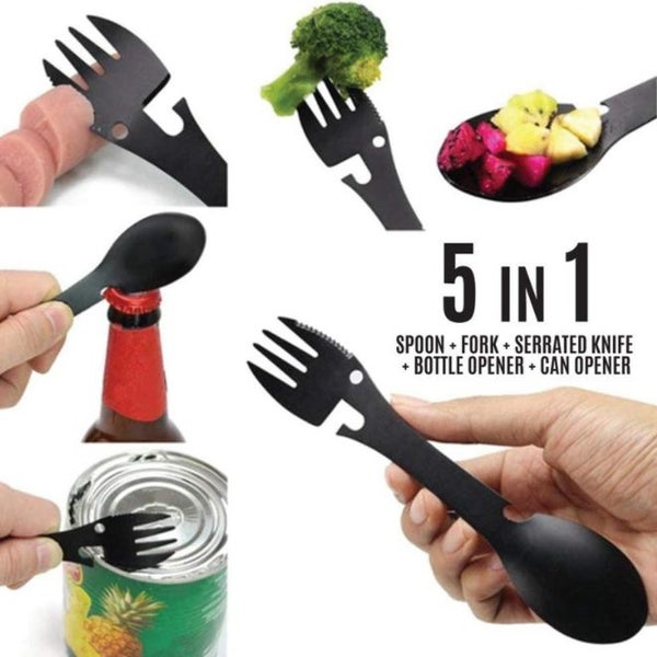 5 in 1 Camping Survival Tool Fork Knife Spoon Bottle Opener Can Opener Carousel 1