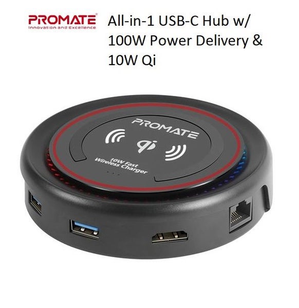 PROMATE All-in-1 USB-C Hub w/ 100W Power Delivery & 10W Qi - Black Carousel 1